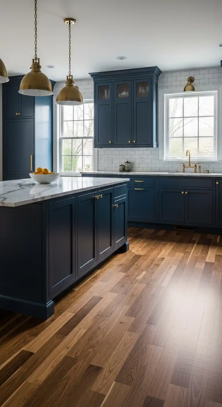 A sophisticated kitchen with deep blue cabinetry
