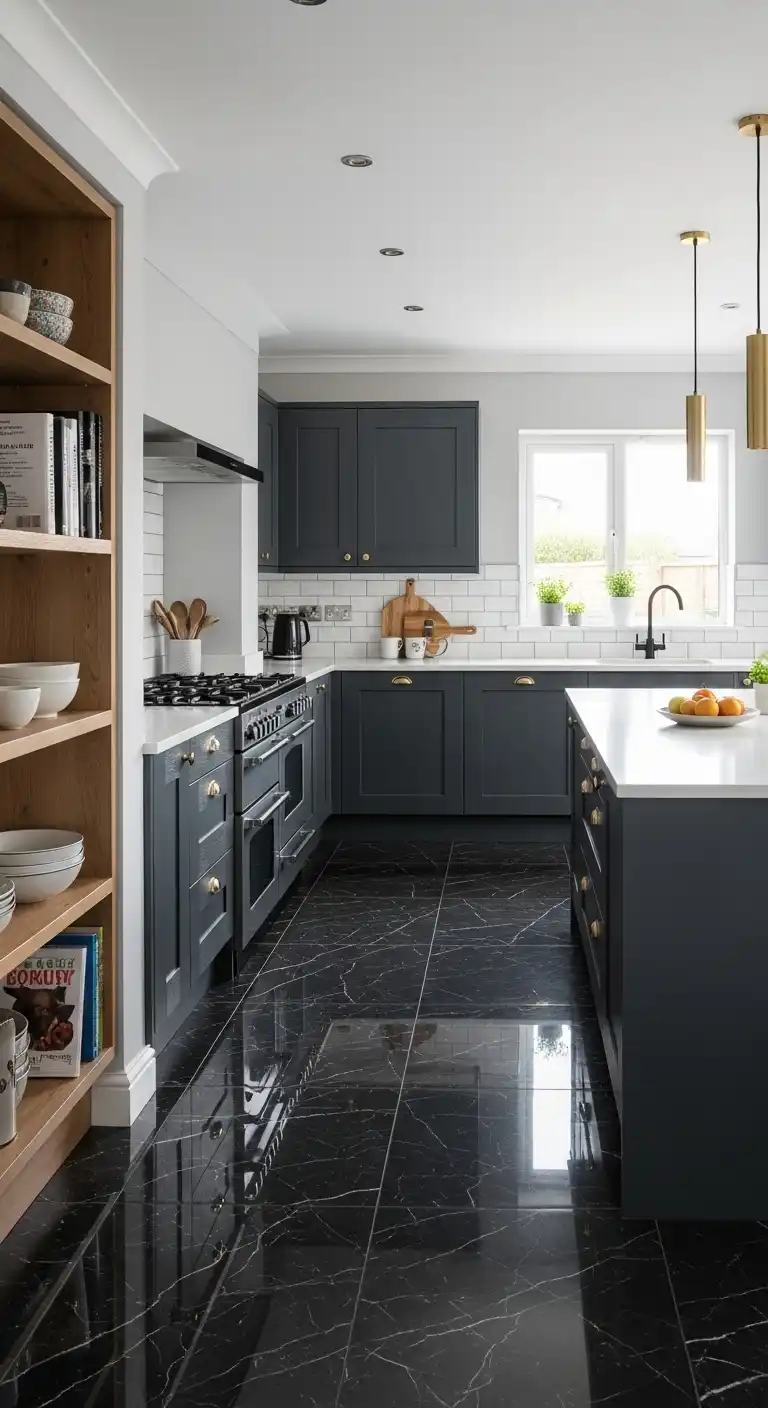A stylish kitchen with black marble-effect vinyl flooring