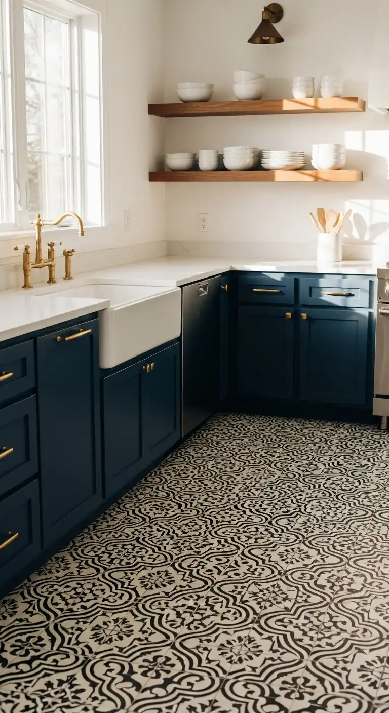 A stylish kitchen with deep navy-blue cabinets
