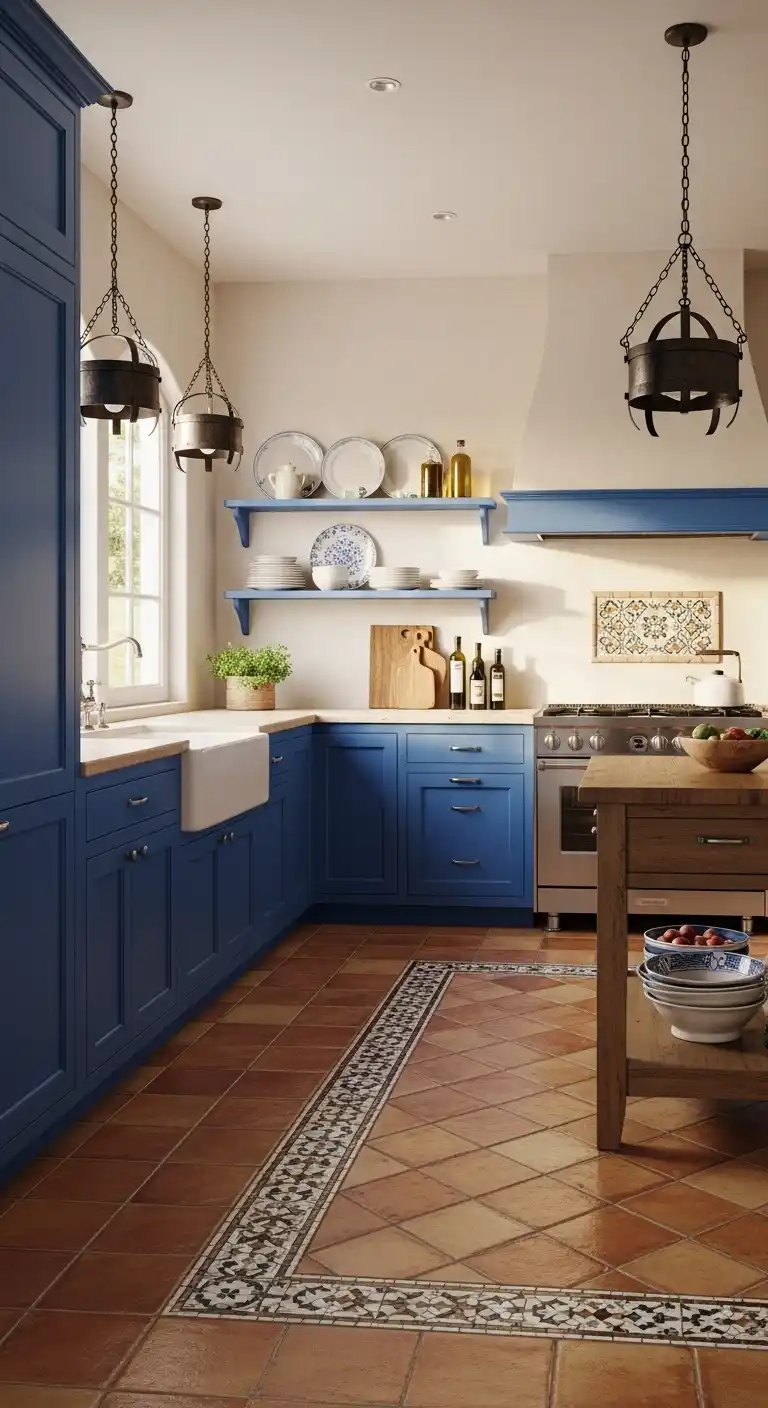 A sunlit Mediterranean kitchen featuring royal blue shaker-style cabinets