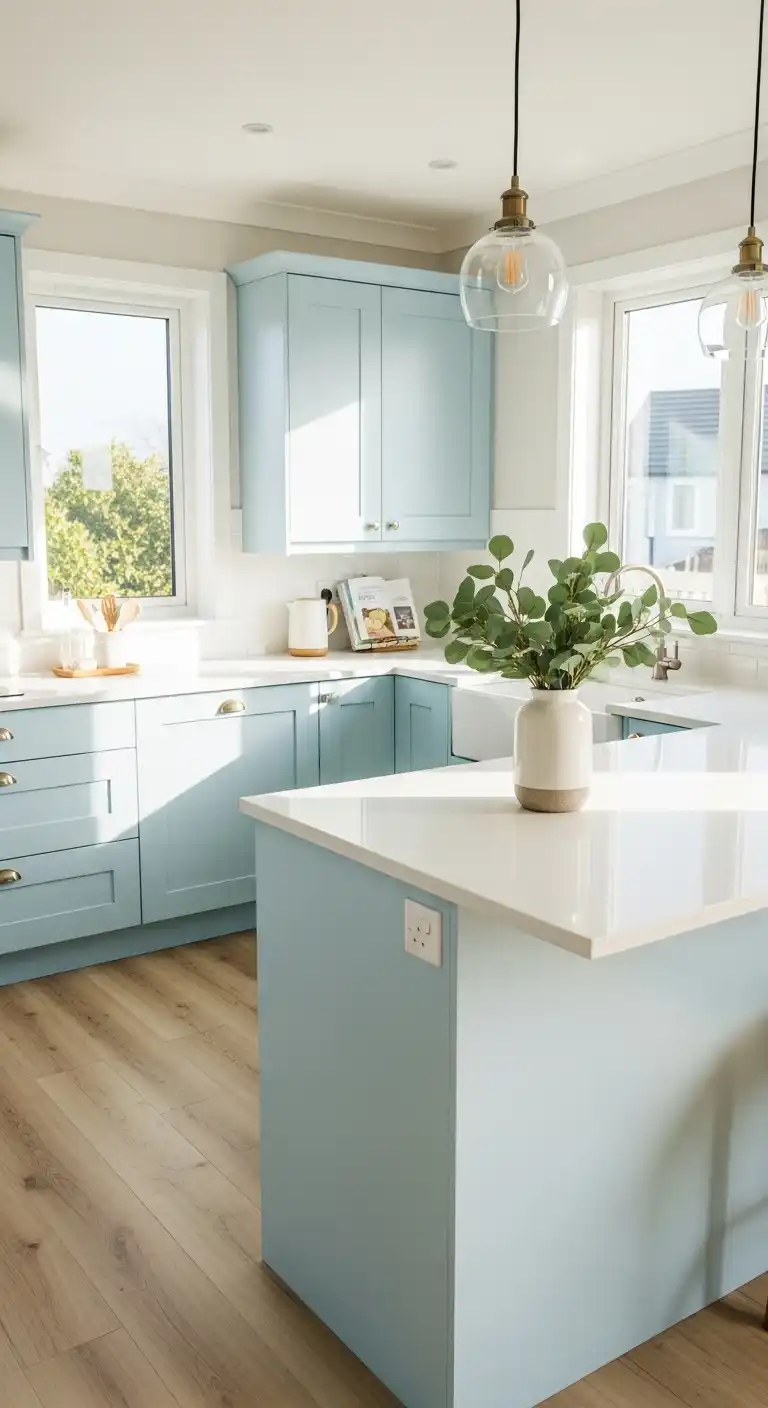 A sunlit modern kitchen featuring pastel blue shaker cabinets