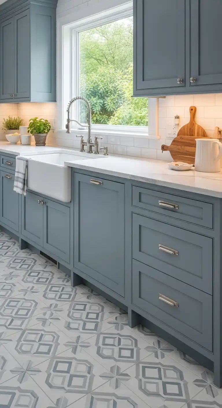 A transitional kitchen with muted blue cabinets