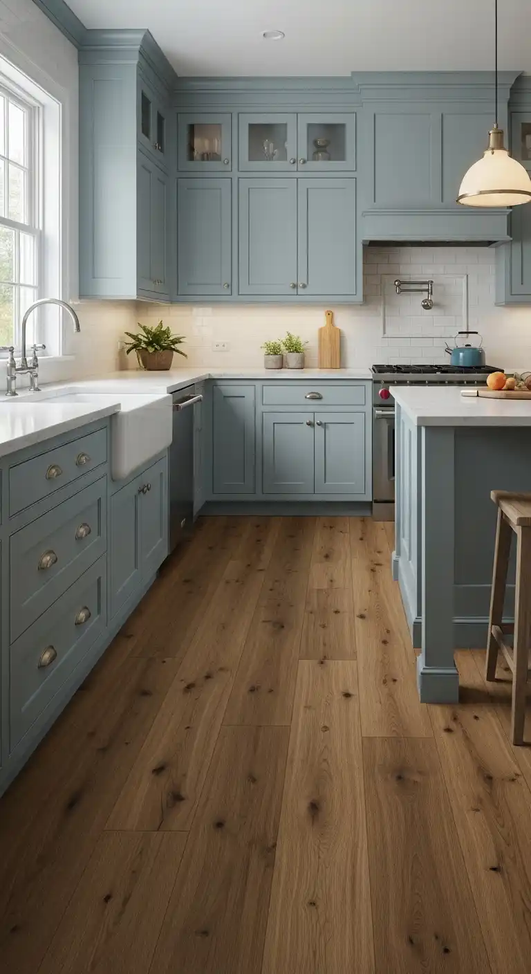 A transitional-style kitchen featuring soft blue-gray cabinets