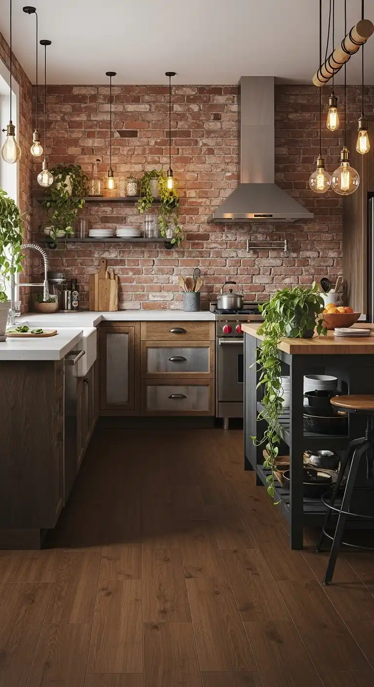 An L-shaped kitchen with espresso brown vinyl tiles