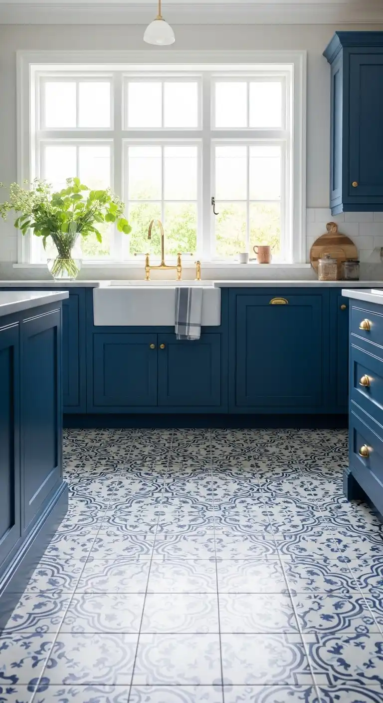 An inviting kitchen with sapphire-blue cabinetry