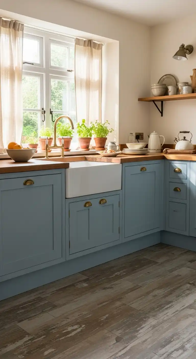 Cozy cottage-style kitchen with distressed light oak vinyl tiles
