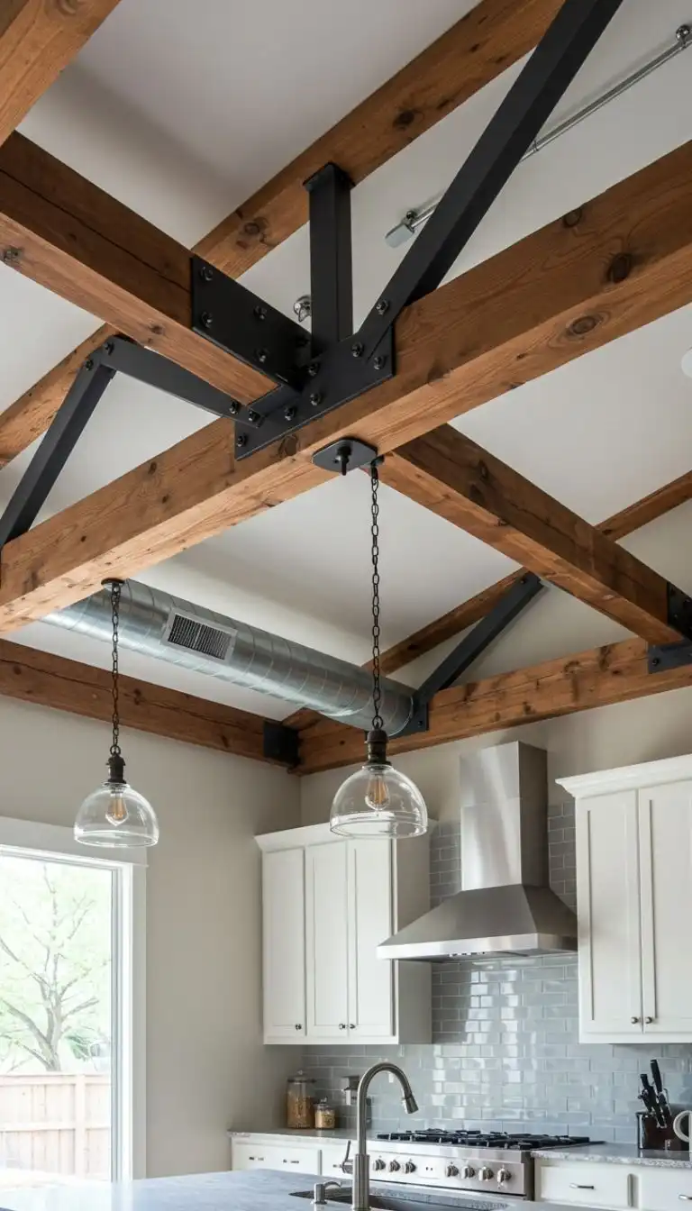 10 Striking Open-Beam Ceiling Ideas for Kitchens with Character 7 Industrial Metal and Wood Beam Combination