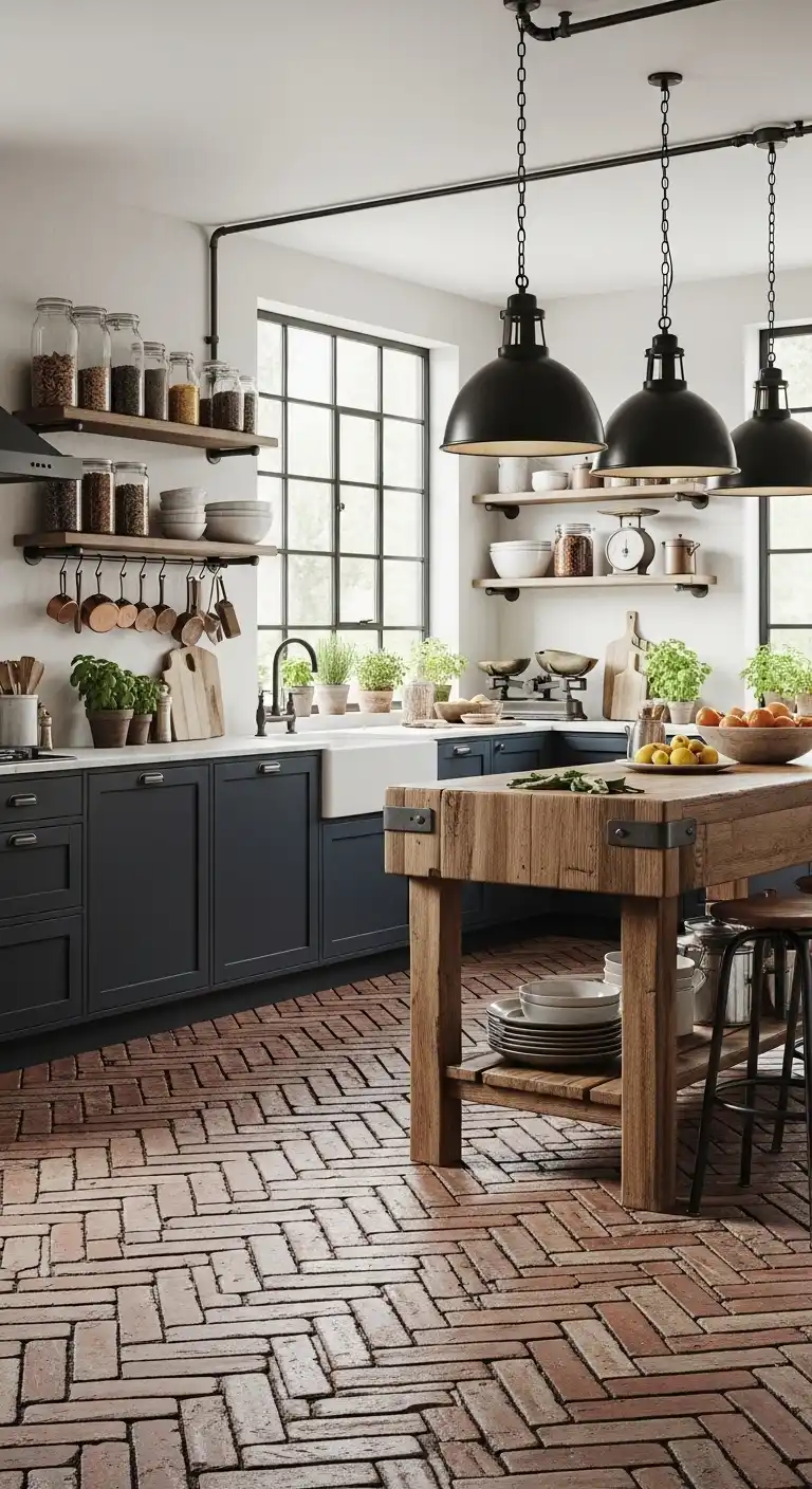 Industrial-style kitchen with matte navy-blue cabinets