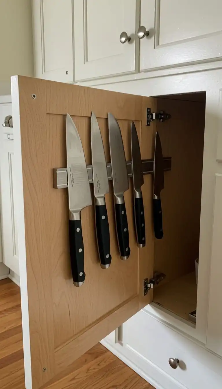 9 Clever Hidden Storage Ideas for Kitchens to Maximize Space 4 Magnetic Knife Strips Inside Cabinet Doors