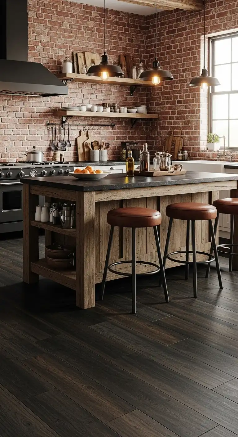 Modern rustic kitchen with dark wood-look vinyl tiles