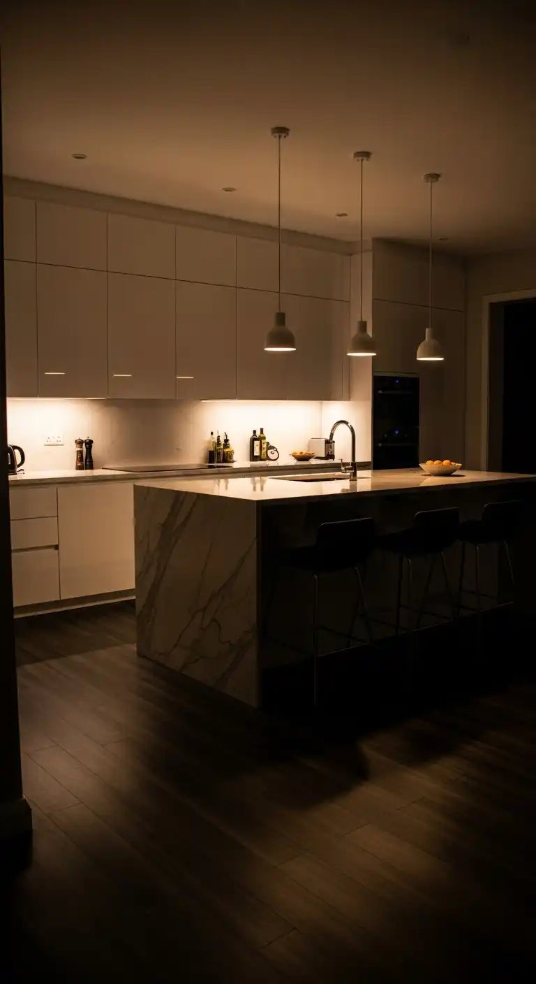 Moody modern kitchen at night with dark gray vinyl floors