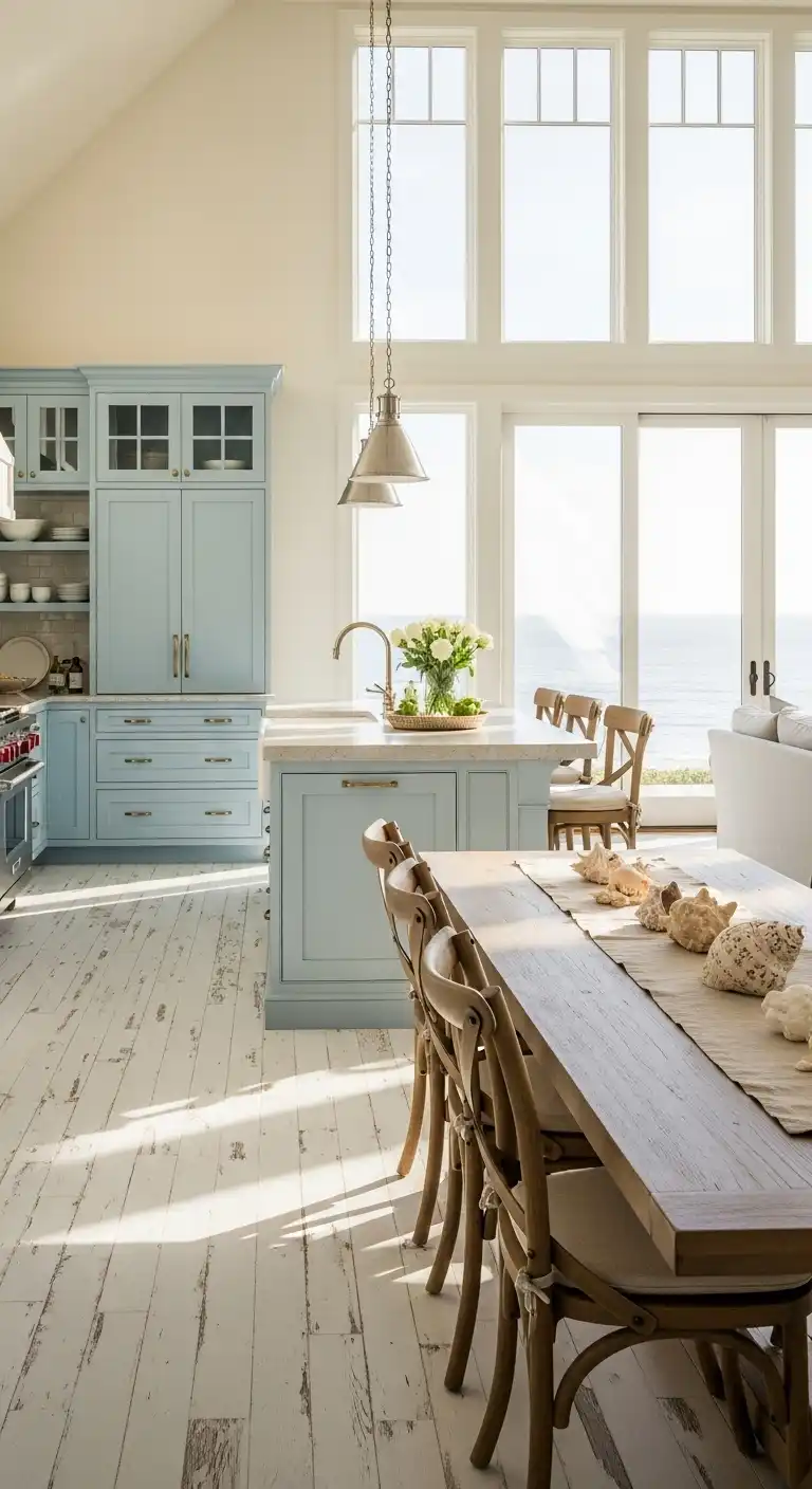 Open-concept beach house kitchen with pale blue cabinetry