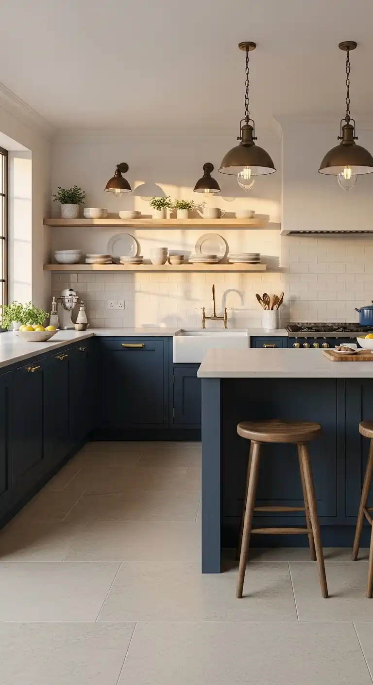 Open-concept kitchen with navy blue cabinetry
