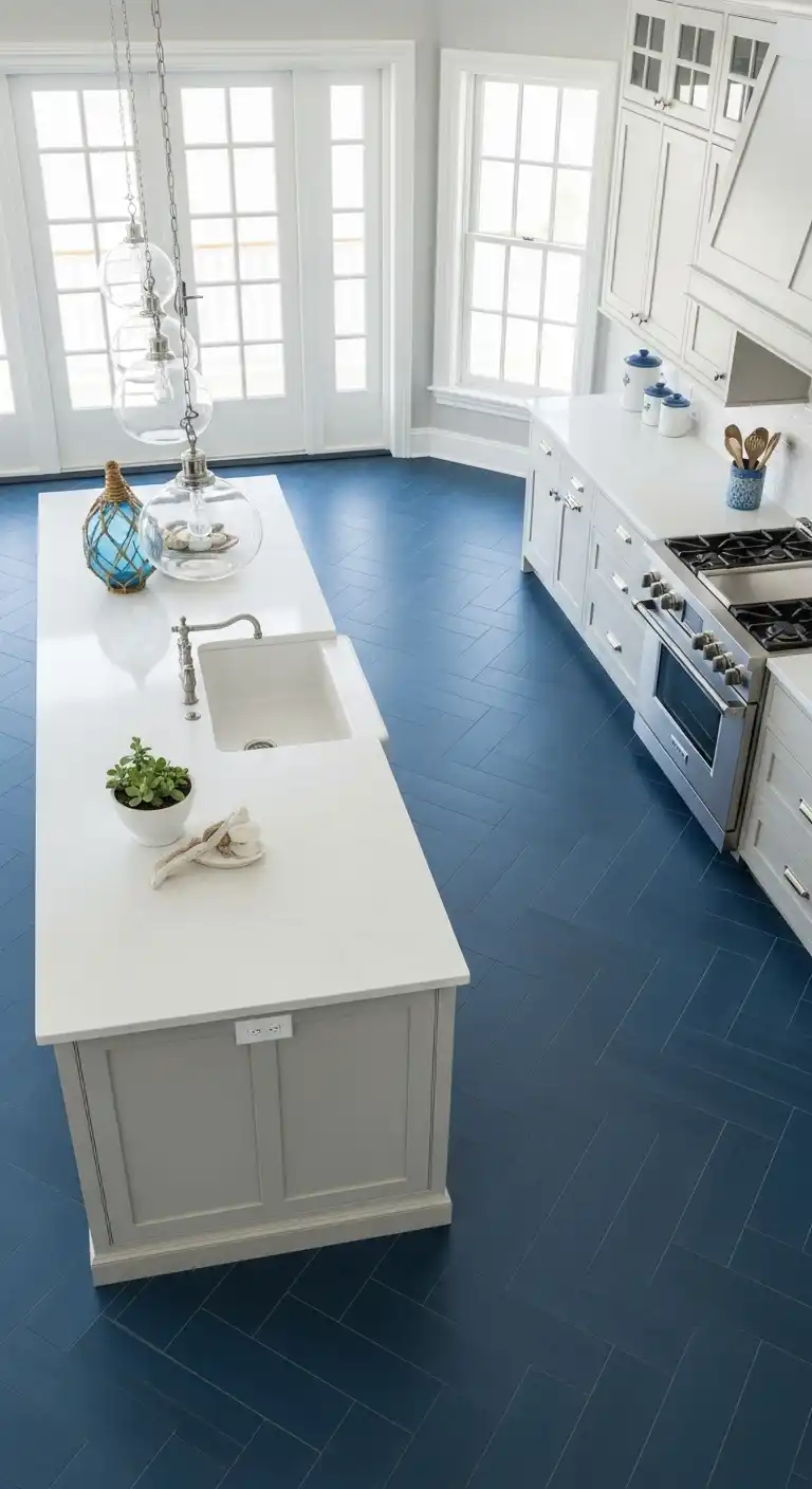 Overhead view of a modern coastal kitchen with matte blue vinyl tile flooring