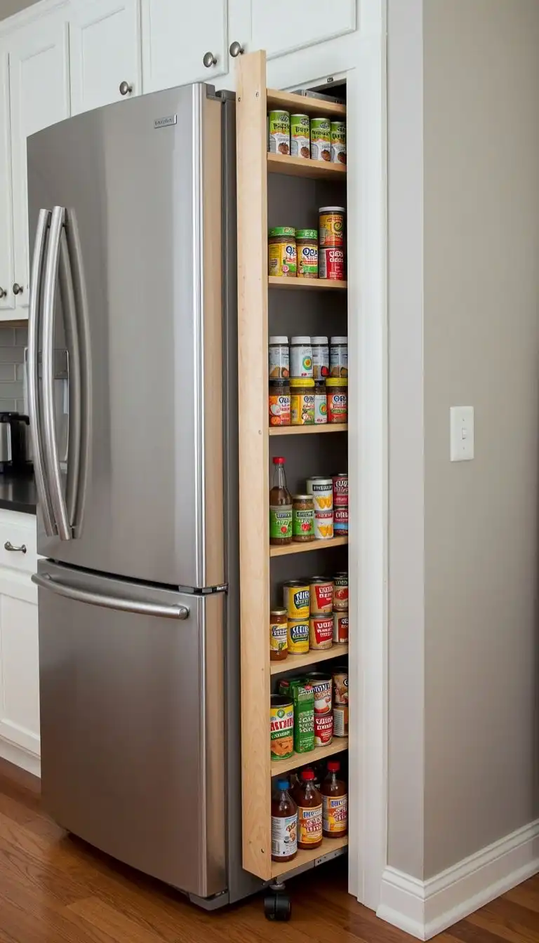 9 Clever Hidden Storage Ideas for Kitchens to Maximize Space 3 Pull-Out Pantry in Narrow Gaps