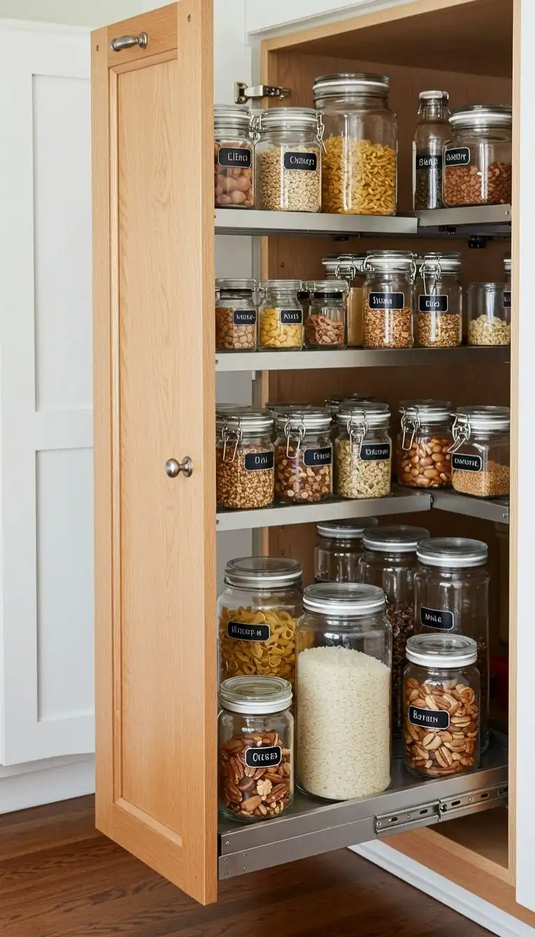 7 Pull-Out Pantry Ideas to Keep Your Kitchen Organized 3 Pull-Out Pantry with Glass Jars for a Chic Look
