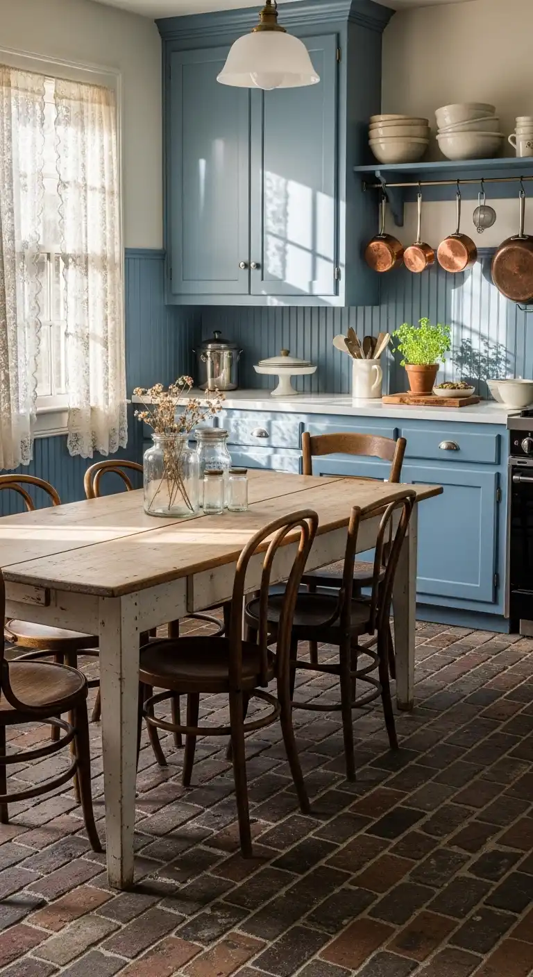 Rustic cottage kitchen featuring dusty blue beadboard cabinets