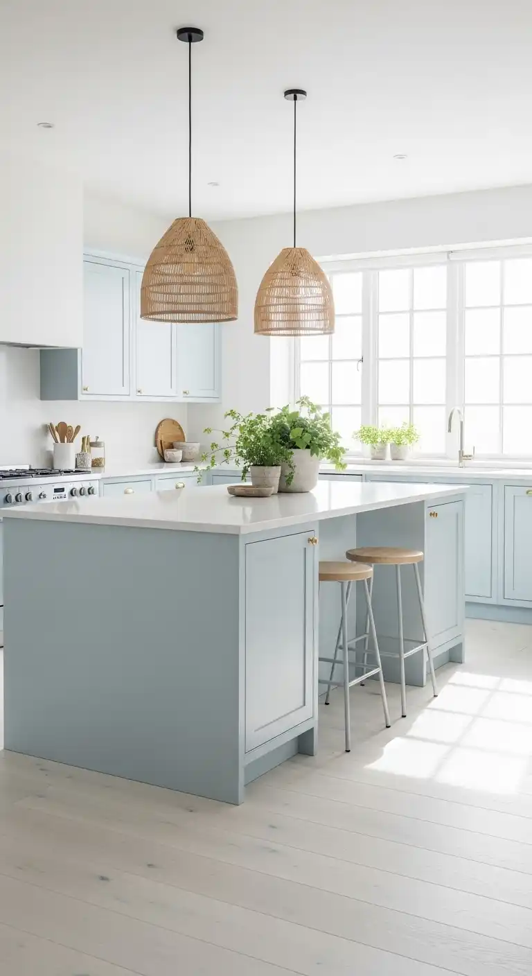 Scandinavian-inspired kitchen with minimalistic baby blue flat-panel cabinets