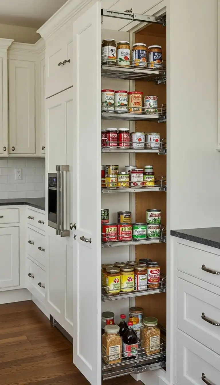 7 Pull-Out Pantry Ideas to Keep Your Kitchen Organized 2 Slim Vertical Pull-Out Pantry for Tight Spaces