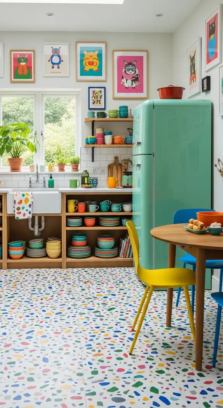 eclectic kitchen with bold terrazzo-style vinyl tiles
