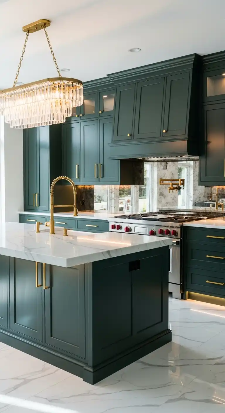 kitchen with dark green cabinets