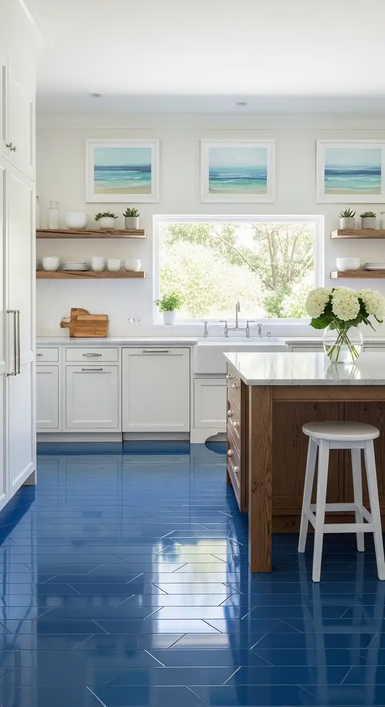 light-filled kitchen featuring blue vinyl tiles