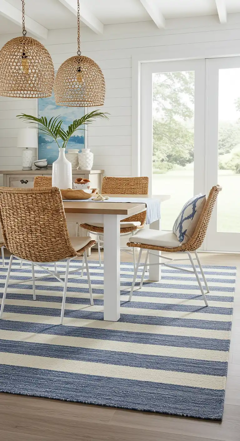 15 Best Dining Rugs for Different Styles to Match Your Decor 2 1) Coastal Charm Breezy Blue and White Striped Rug