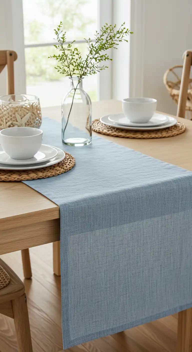 15 Dining Table Ideas to Refresh Your Dining Space 2 1) Coastal-Inspired Linen Table Runner