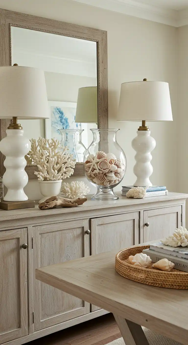 20 Stylish Sideboard and Buffet Decor Ideas for a Chic Touch 2 1) Coastal-Inspired Seashell Display