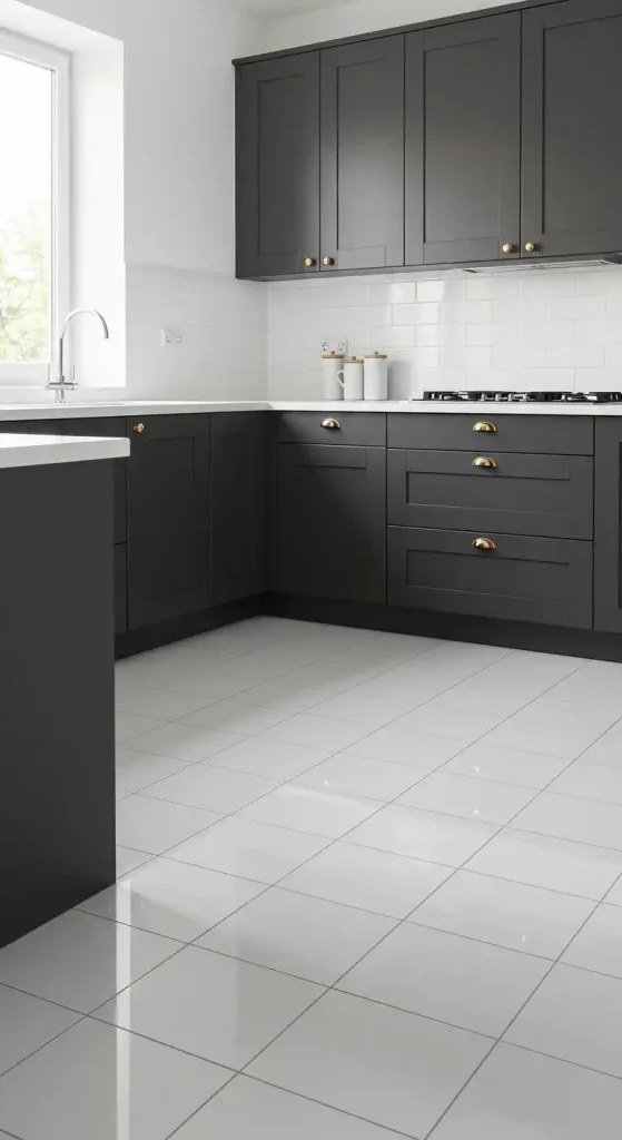 17 Stylish Kitchen Flooring Ideas with Dark Cabinets for a Dramatic Effect 2 1) Glossy White Porcelain Tiles