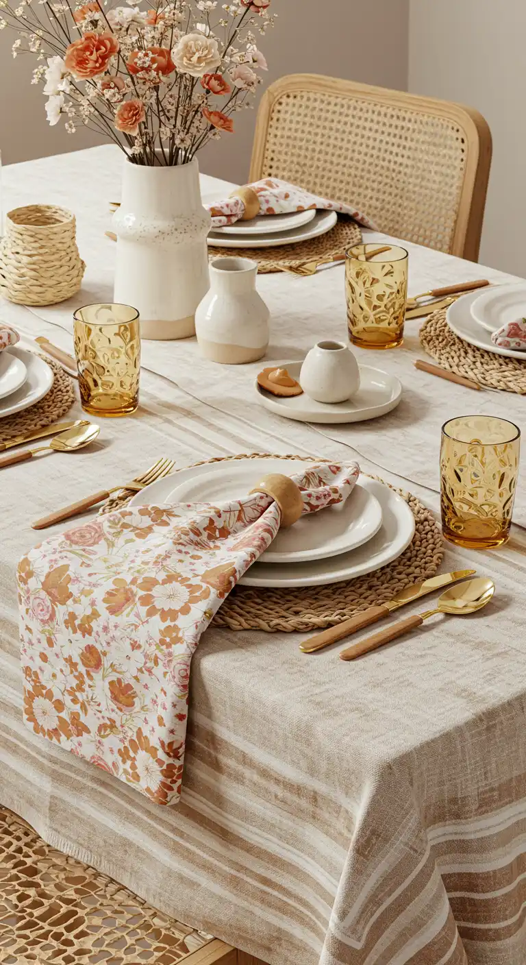 15 Boho Style Dining Room Ideas for a Free-Spirited Vibe 2 1) Layered Textile Table Settings
