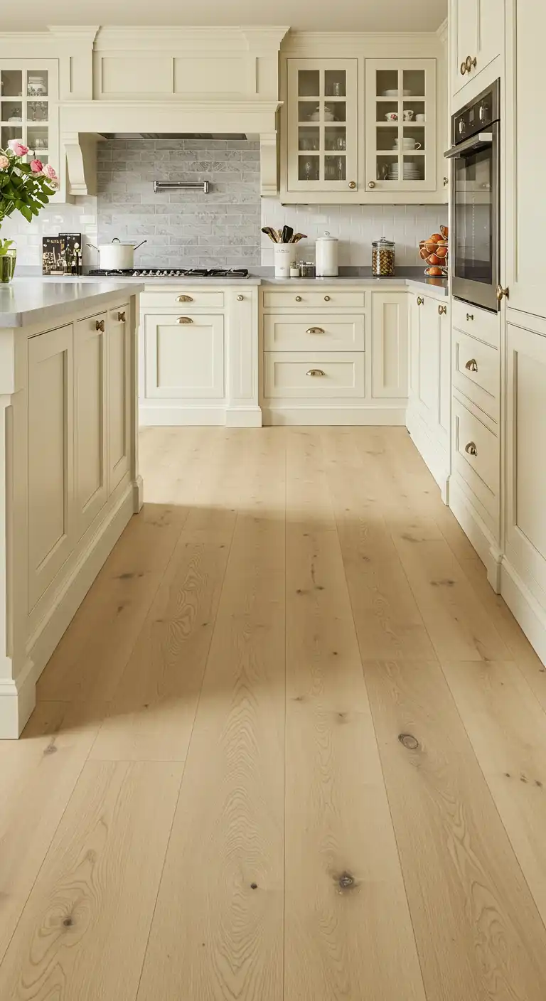 20 Soft and Elegant Kitchen Flooring Ideas with Cream Cabinets 2 1) Light Oak Hardwood Flooring