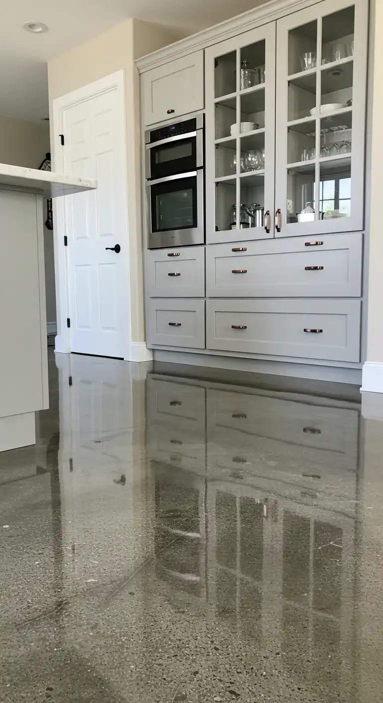 15 Industrial-Chic Kitchen Concrete Flooring Ideas for a Modern Touch 2 1) Polished Concrete with a Glossy Finish