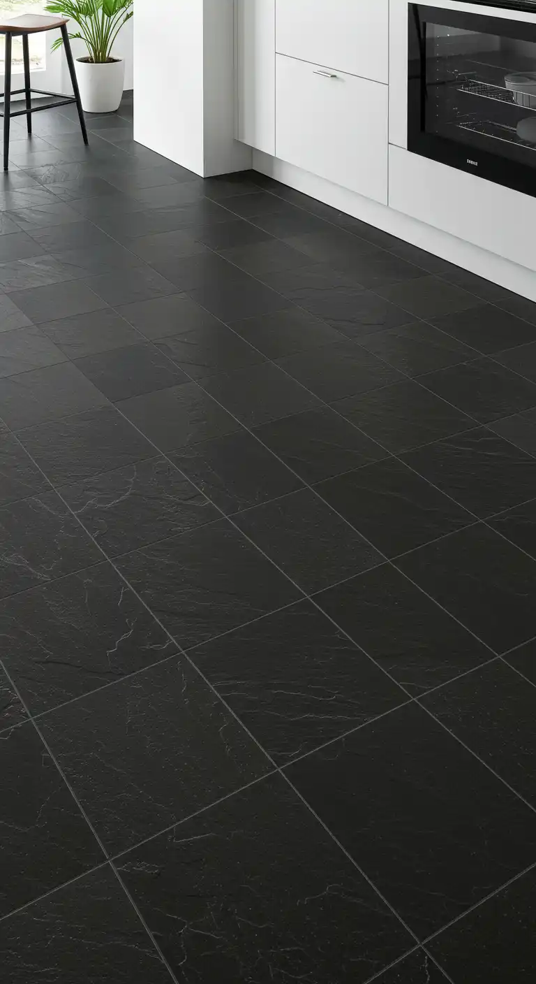 17 Modern Kitchen Flooring Ideas with Dark Tiles for a Bold Look 2 1) Slate Black Porcelain Tiles