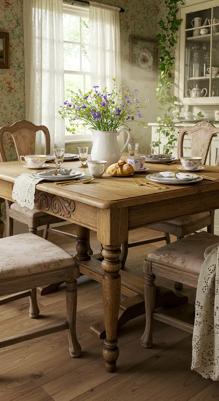 13 Cottagecore Dining Room Ideas That Bring Fairy Tale Charm 2 1. Embrace a Vintage Wooden Dining Table