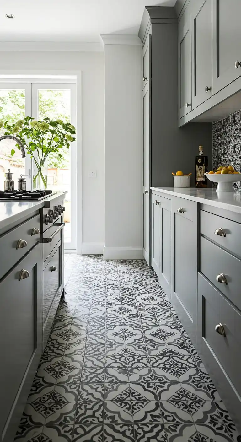17 Modern Kitchen Flooring Ideas with Dark Tiles for a Bold Look 11 10) Black-and-White Patterned Tiles