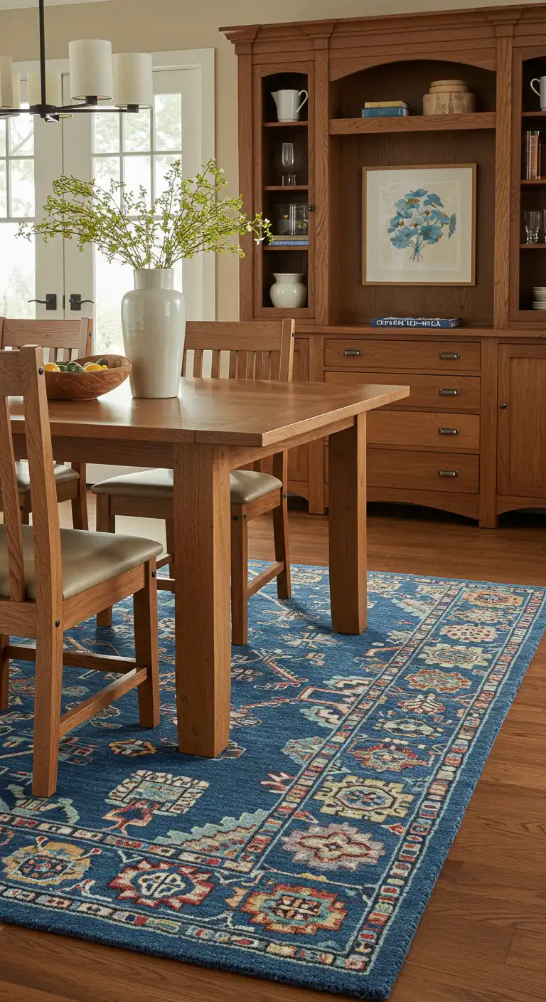 15 Best Dining Rugs for Different Styles to Match Your Decor 11 10) Craftsman Classic Deep Blue Tribal Rug