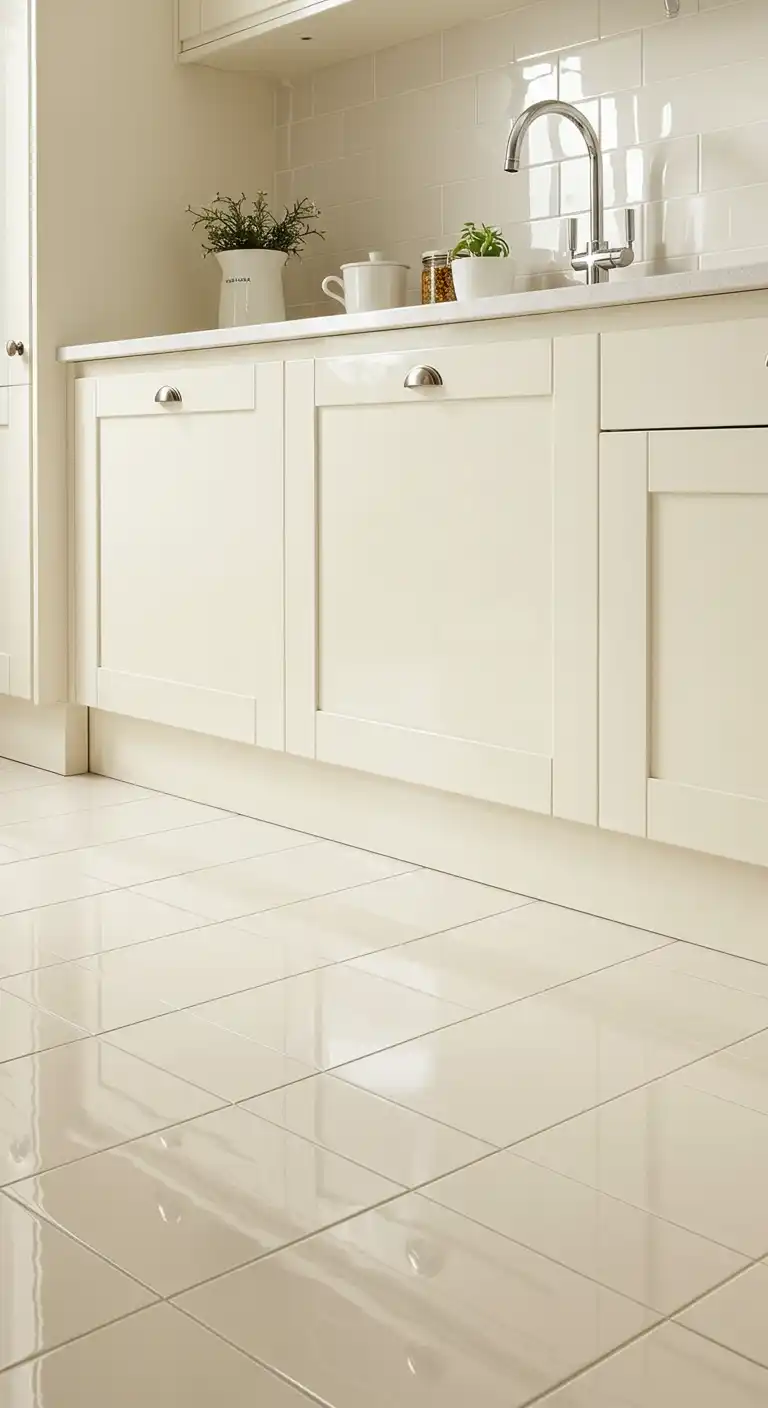 20 Soft and Elegant Kitchen Flooring Ideas with Cream Cabinets 11 10) Glossy Cream Ceramic Tiles
