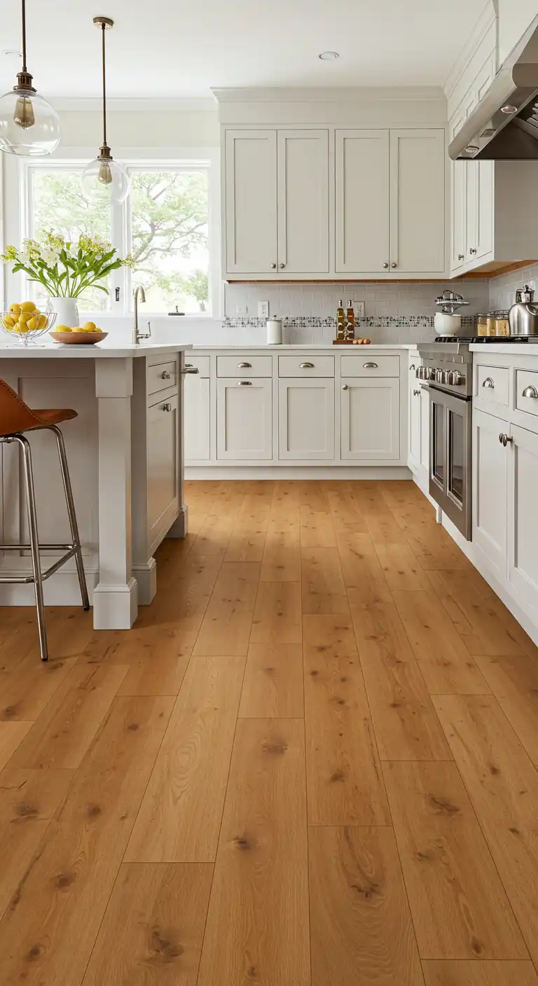 17 Stylish Kitchen Flooring Ideas with Dark Cabinets for a Dramatic Effect 11 10) Honey-Toned Laminate Flooring