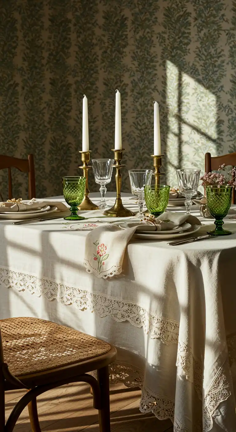 13 Cottagecore Dining Room Ideas That Bring Fairy Tale Charm 11 (10) Use Vintage Table Linens