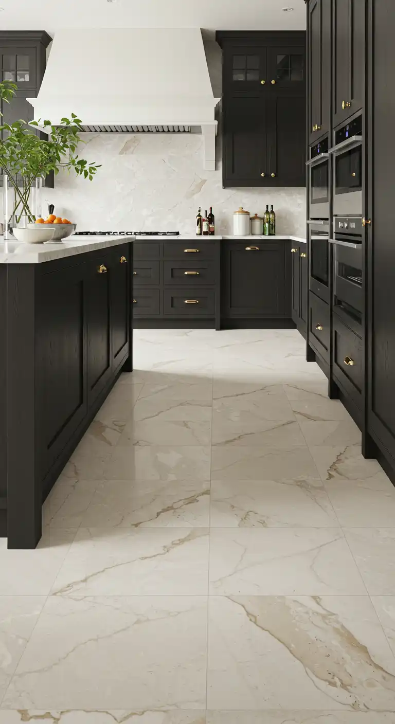 17 Stylish Kitchen Flooring Ideas with Dark Cabinets for a Dramatic Effect 12 11) Cream Marble Tiles