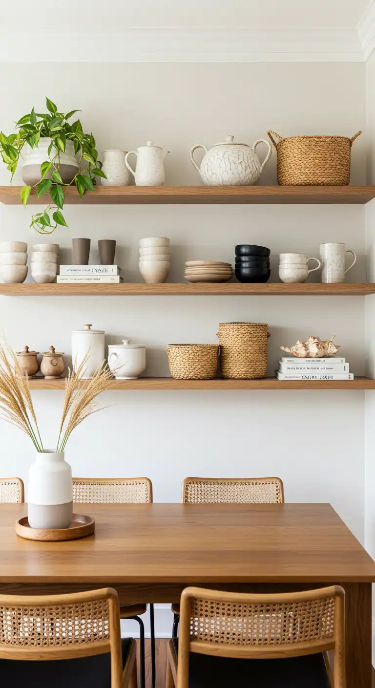 15 Boho Style Dining Room Ideas for a Free-Spirited Vibe 12 11) Open Shelving with Decor