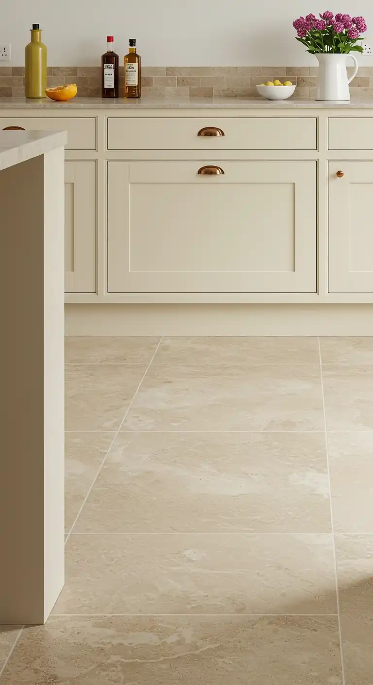 20 Soft and Elegant Kitchen Flooring Ideas with Cream Cabinets 12 11) Soft Beige Limestone Tiles