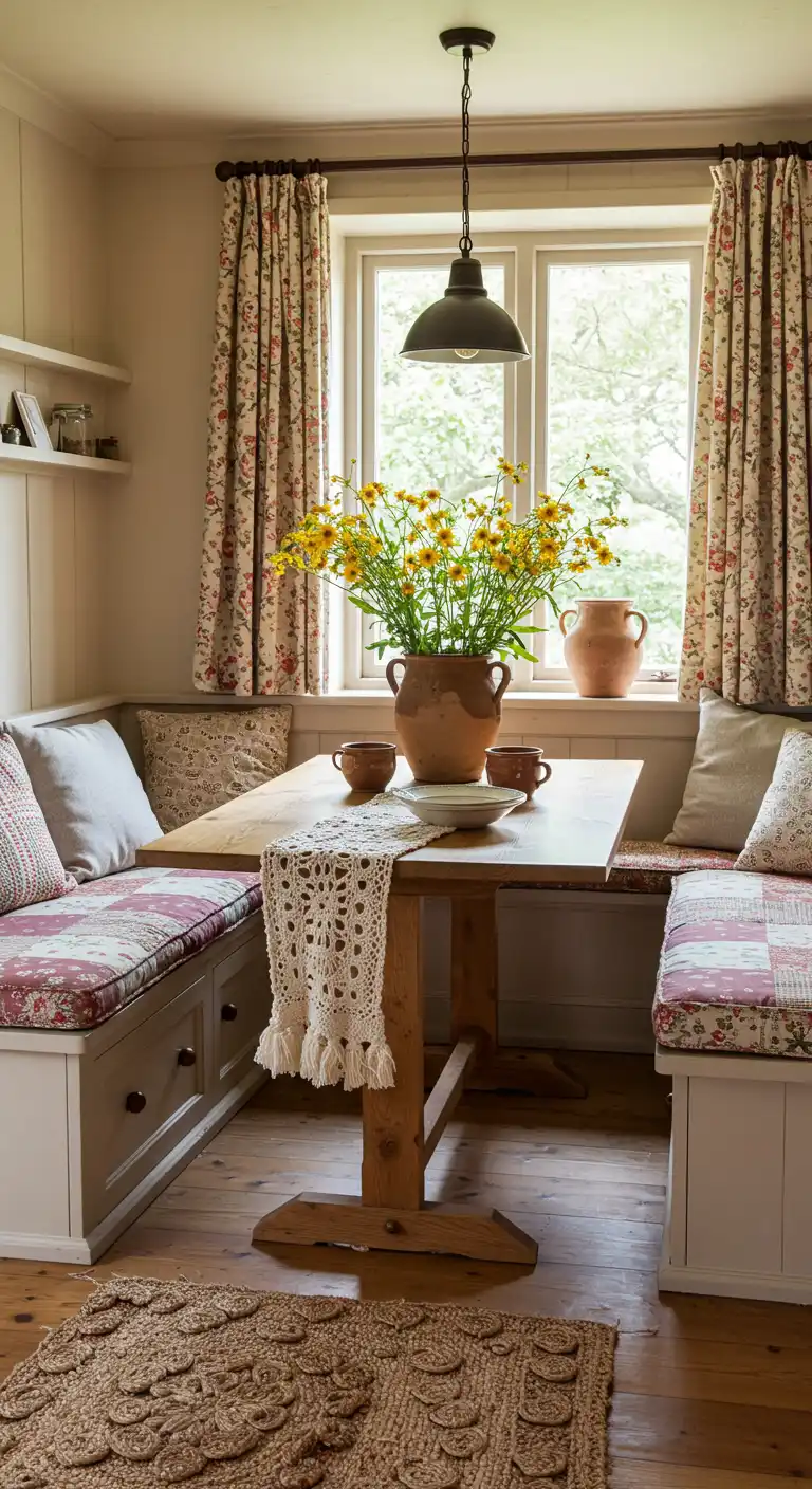 13 Cottagecore Dining Room Ideas That Bring Fairy Tale Charm 13 (12) Add Cozy Throws and Cushions