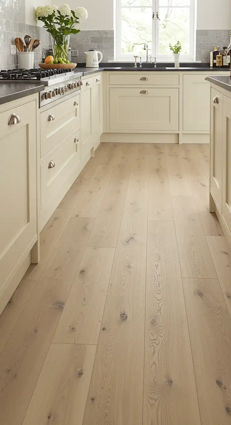20 Soft and Elegant Kitchen Flooring Ideas with Cream Cabinets 13 12) Ash Wood Flooring