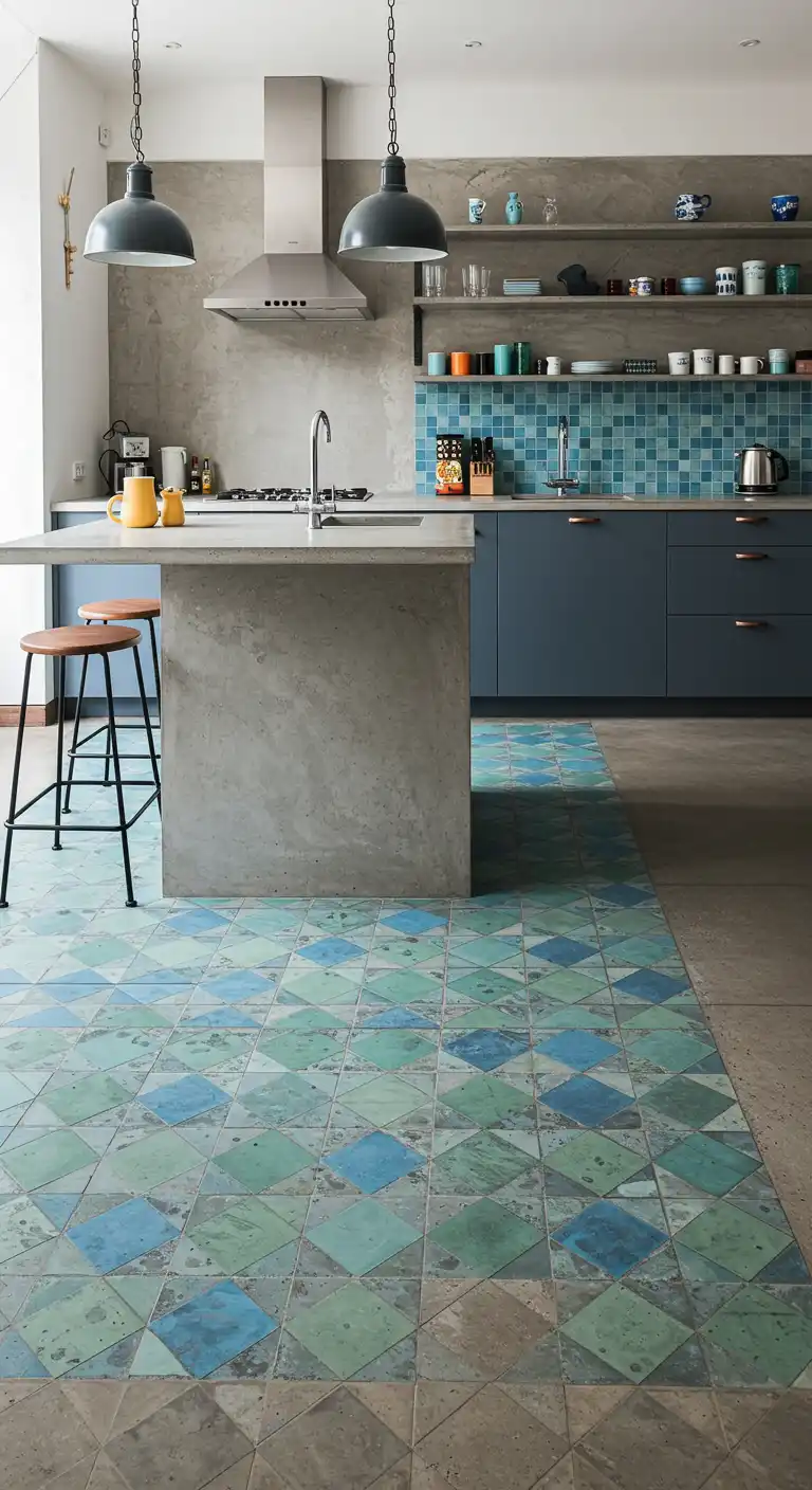 15 Industrial-Chic Kitchen Concrete Flooring Ideas for a Modern Touch 13 12) Concrete with Colorful Mosaic Accents
