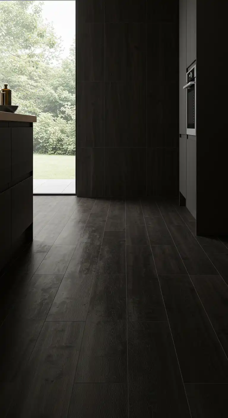 17 Modern Kitchen Flooring Ideas with Dark Tiles for a Bold Look 13 12) Ebony Wood-Effect Tiles