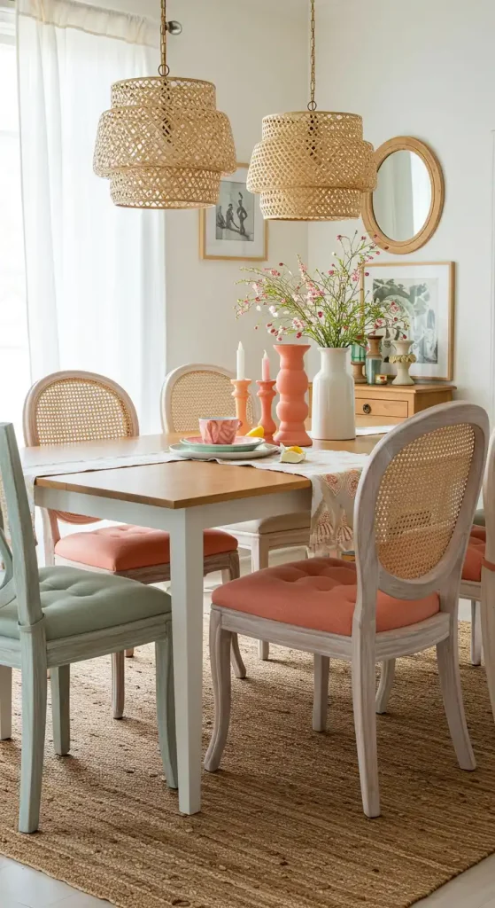 15 Boho Style Dining Room Ideas for a Free-Spirited Vibe 13 12) Mismatched Dining Chairs