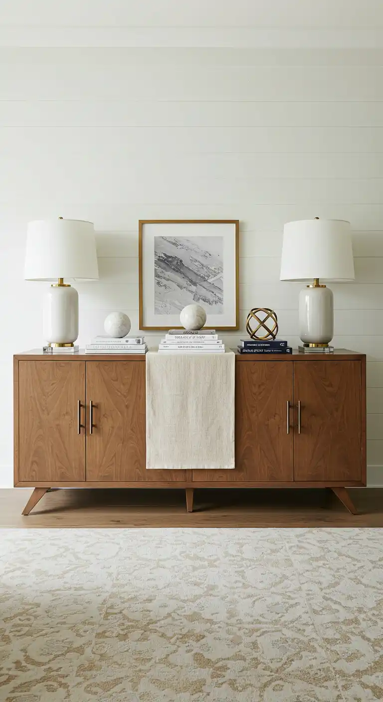 20 Stylish Sideboard and Buffet Decor Ideas for a Chic Touch 14 13) Symmetrical Bookend Display