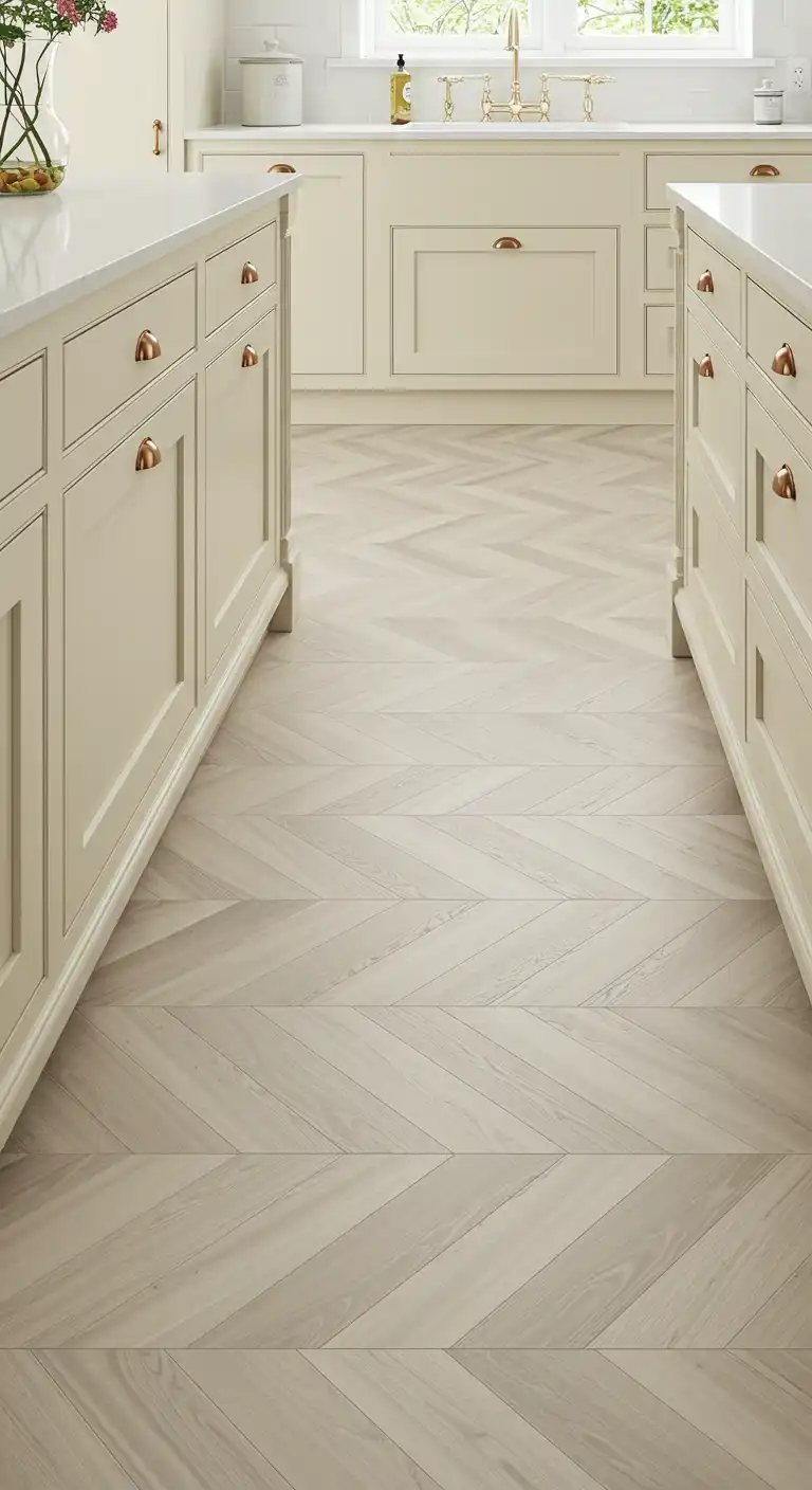 20 Soft and Elegant Kitchen Flooring Ideas with Cream Cabinets 14 13) White Oak Chevron Pattern
